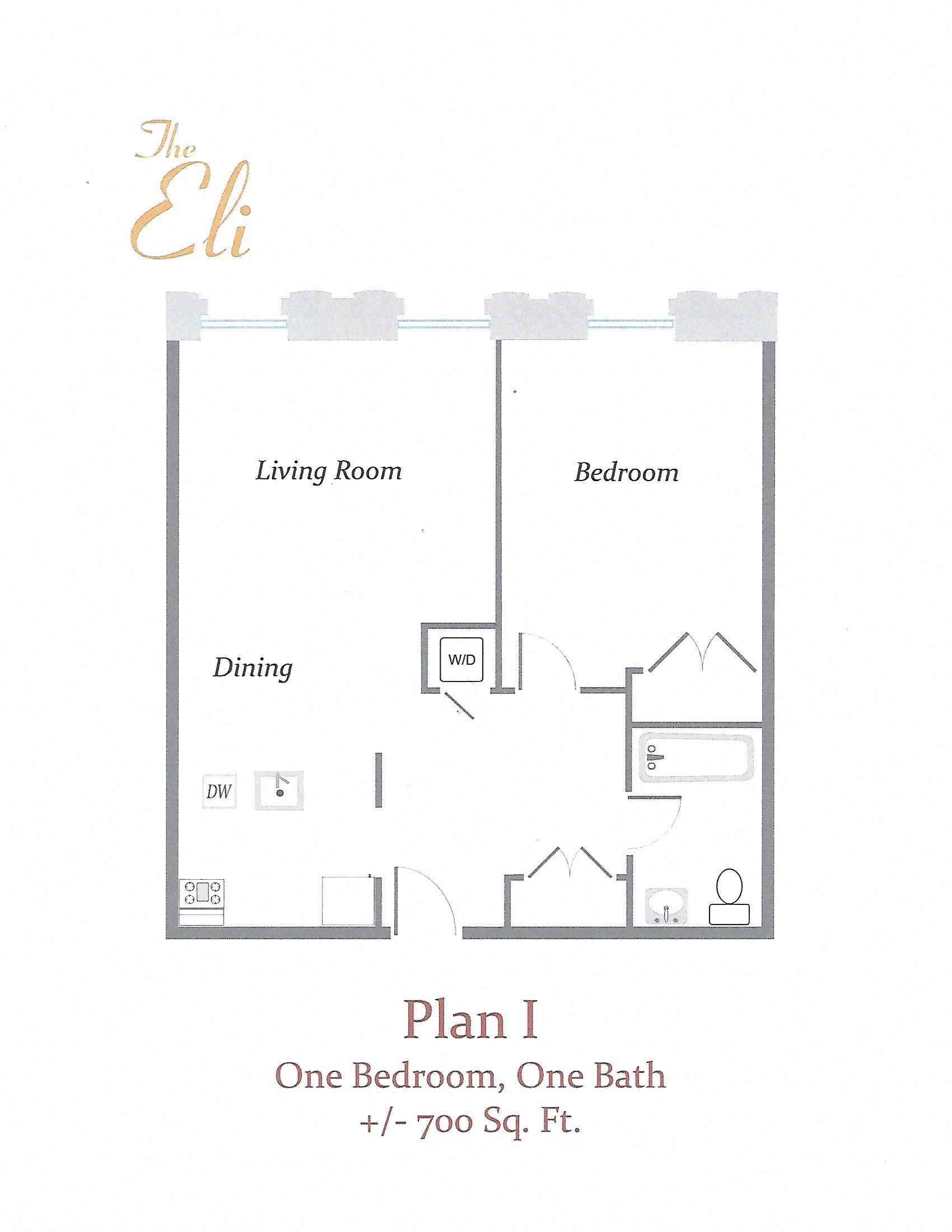 Floor plan for 1 bed, 1 bath, 700 sqft